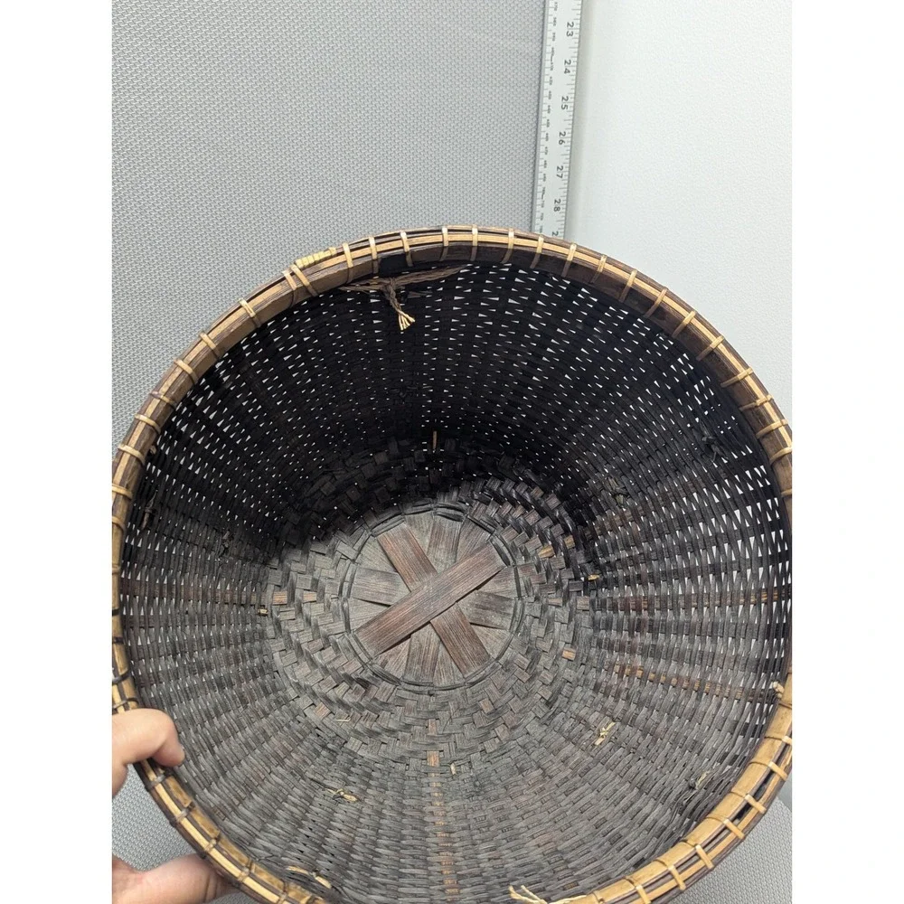 VTG Handcrafted Woven Bamboo Basket Two Tone Round Storage w/ Wood Bead Handles